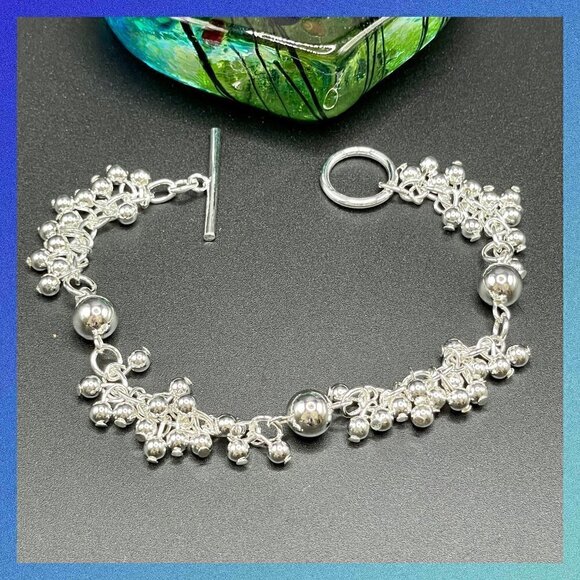 Sterling Silver 925 Groups of Smooth Round Bead and Chain Bracelet #1181 - Picture 1 of 7